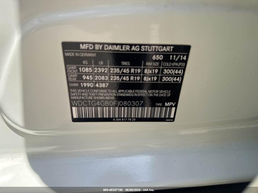 2015 Mercedes-benz Gla-klasse VIN WDCTG4GB0FJ080307 IAAI salvage auction — NORMAL WEAR, Clear (South Carolina), sold $4,875 on 2026-07-15 (photo 9)