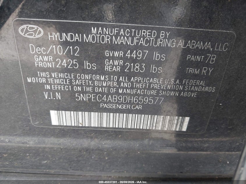2013 Hyundai Sonata VIN 5NPEC4AB9DH659577 IAAI salvage auction — NORMAL WEAR, Salvage Title, sold $450 on 2026-07-08 (photo 9)