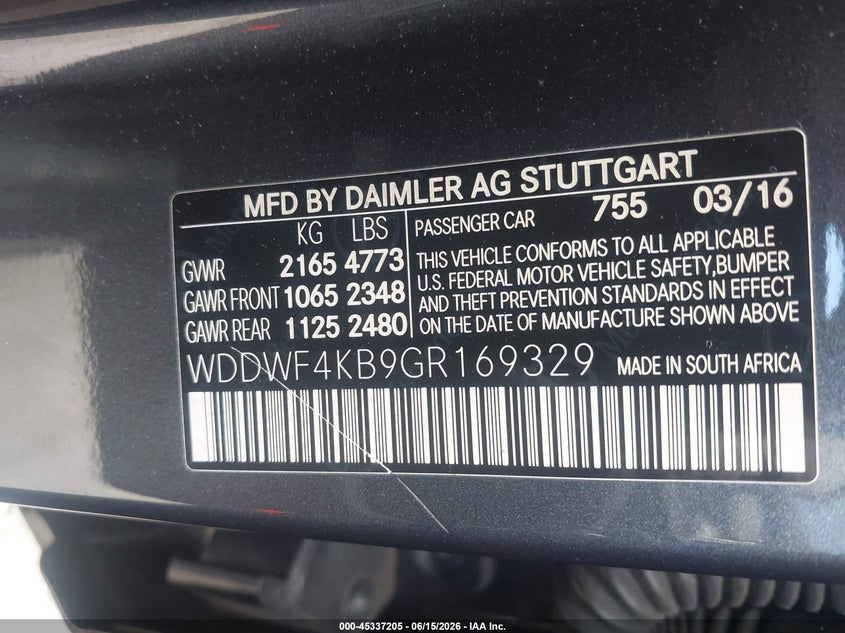 2016 Mercedes-benz C-klasse VIN WDDWF4KB9GR169329 IAAI salvage auction — ROOF, Salvage - Greater Than 75% (Maryland), sold $2,800 on 2026-07-28 (photo 9)