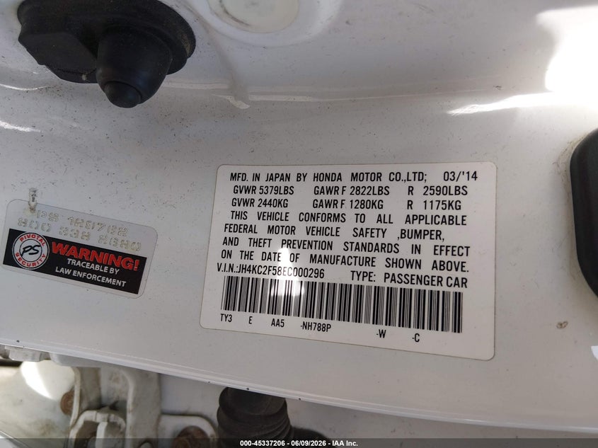 2014 Acura RLX VIN JH4KC2F58EC000296 IAAI salvage auction — RIGHT FRONT, Salvage (Illinois), sold $1,600 on 2026-07-22 (photo 9)