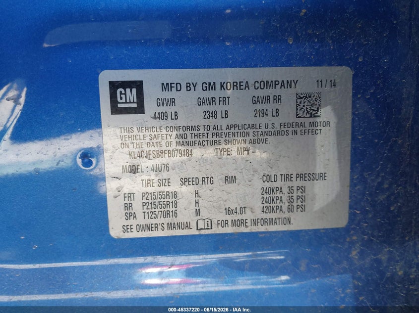 2015 Buick Encore VIN KL4CJFSB8FB079484 IAAI salvage auction — LEFT FRONT, Clear (Wisconsin), sold $1,225 on 2026-07-09 (photo 9)