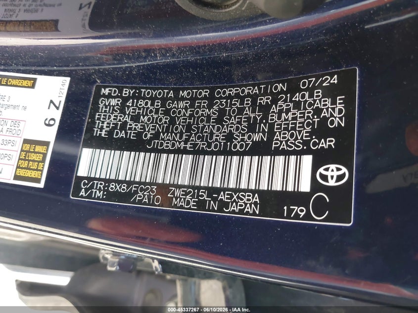 2024 Toyota Corolla VIN JTDBDMHE7RJ011007 IAAI salvage auction — FRONT END, Salvage (Pennsylvania), sold $7,700 on 2026-08-02 (photo 9)