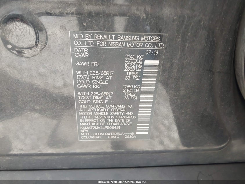 2020 Nissan Rogue VIN KNMAT2MV4LP508481 IAAI salvage auction — FRONT END, Salvage (North Carolina), sold $2,050 on 2026-07-28 (photo 9)