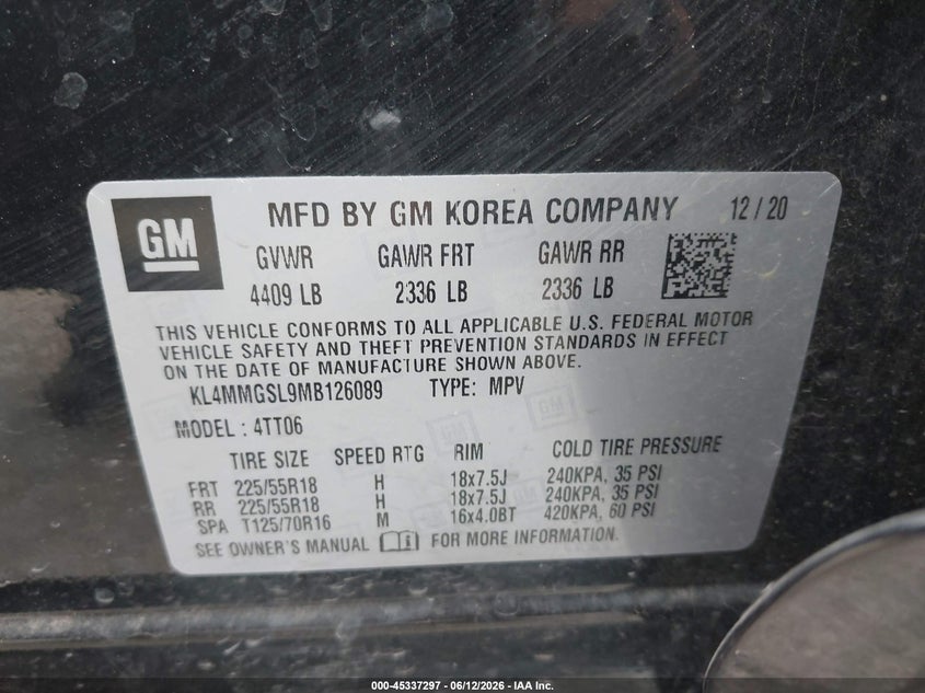 2021 Buick Encore gx VIN KL4MMGSL9MB126089 IAAI salvage auction — HAIL, Original (Texas), sold $4,300 on 2026-07-31 (photo 9)