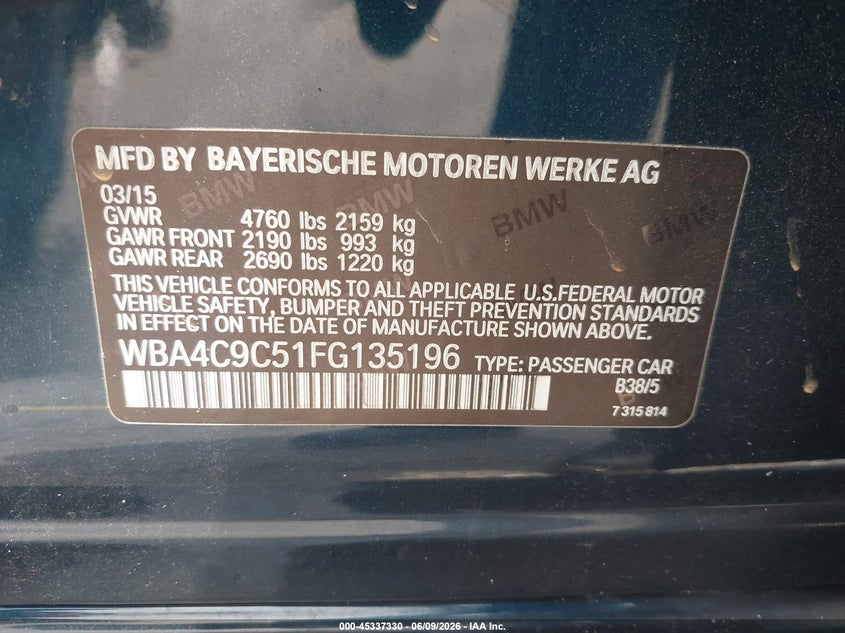 2015 BMW 4er VIN WBA4C9C51FG135196 IAAI salvage auction — FRONT END, Rebuildable (Florida), sold $850 on 2026-07-16 (photo 9)