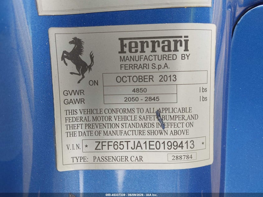 2014 Ferrari California VIN ZFF65TJA1E0199413 IAAI salvage auction — FRONT END, Salvage Title, sold $39,650 on 2026-07-13 (photo 9)