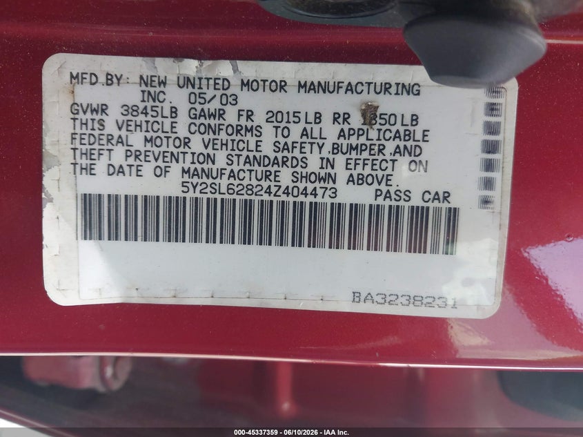 2004 Pontiac Vibe VIN 5Y2SL62824Z404473 IAAI salvage auction — NORMAL WEAR, Clear-Dealer Only (North Carolina), sold $125 on 2026-07-07 (photo 9)