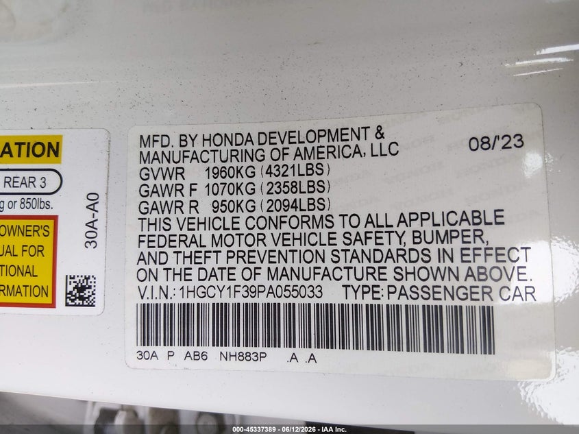 2023 Honda Accord VIN 1HGCY1F39PA055033 IAAI salvage auction — REAR END, Salvage Title, sold $8,100 on 2026-07-29 (photo 9)
