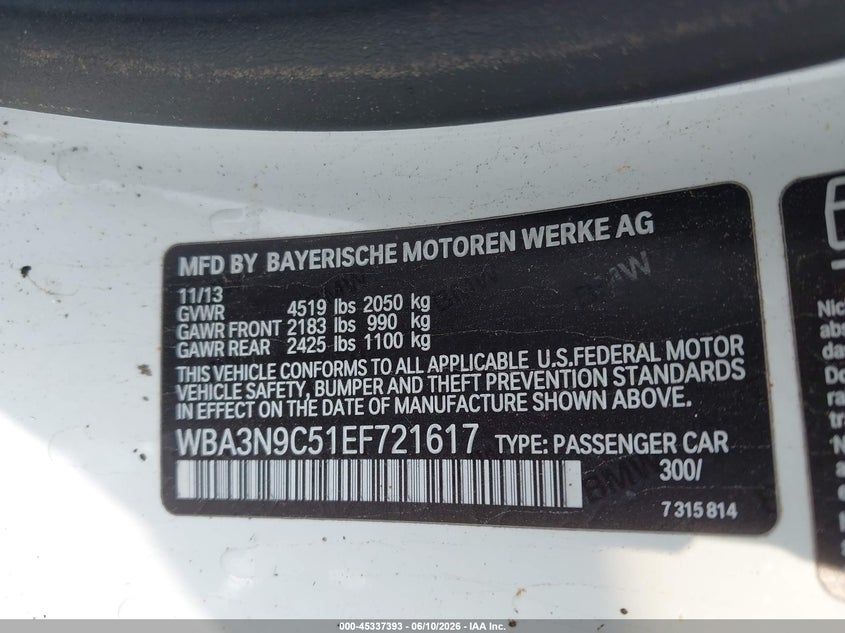 2014 BMW 4er VIN WBA3N9C51EF721617 IAAI salvage auction — ALL OVER, Salvage Title, sold $800 on 2026-08-05 (photo 9)