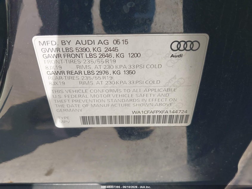 2015 Audi Q5 VIN WA1CFAFPXFA144724 IAAI salvage auction — LEFT SIDE, Salvage (Alabama), sold $2,800 on 2026-07-15 (photo 9)