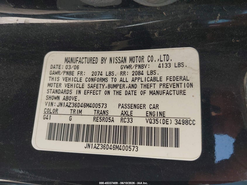 2006 Nissan 350z VIN JN1AZ36D46M400573 IAAI salvage auction — FRONT END, Salvage (Georgia), sold $150 on 2026-07-30 (photo 9)
