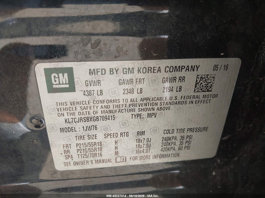 2016 Chevrolet Trax VIN KL7CJRSBXGB709415 IAAI salvage auction — FRONT END, Salvage (Ohio), sold $675 on 2026-07-14 (photo 9)