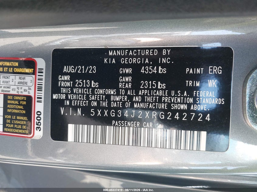 2024 Kia K5 VIN 5XXG34J2XRG242724 IAAI salvage auction — LEFT FRONT, Salvage Certificate (California), sold $6,600 on 2026-07-31 (photo 9)