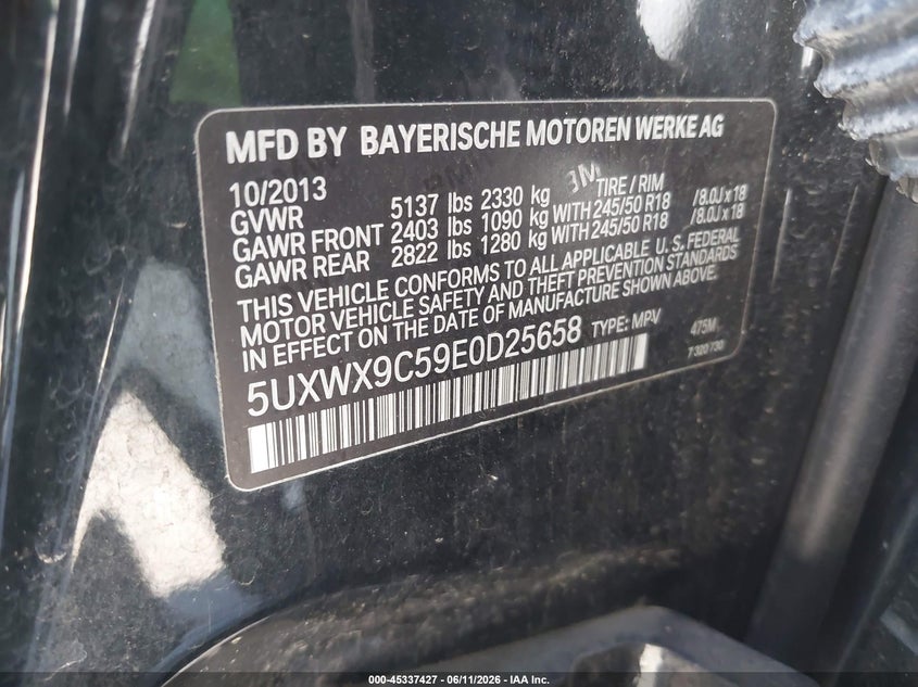 2014 BMW X3 VIN 5UXWX9C59E0D25658 IAAI salvage auction — NORMAL WEAR, Affidavit In Lieu Of Title - Non-Public (Washington), sold $475 on 2026-07-15 (photo 9)