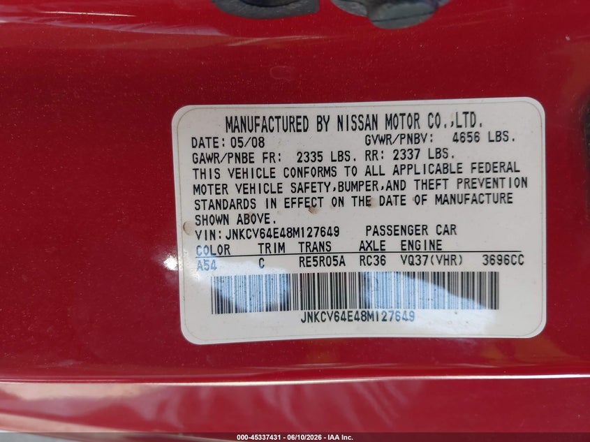 2008 Infiniti G37 VIN JNKCV64E48M127649 IAAI salvage auction — SIDE, Original (Texas), sold $1,550 on 2026-07-23 (photo 9)