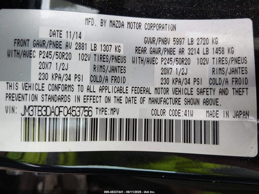 2015 Mazda Cx-9 VIN JM3TB3DA0F0453756 IAAI salvage auction — HAIL, Clear (Oklahoma), sold $1,150 on 2026-08-01 (photo 9)