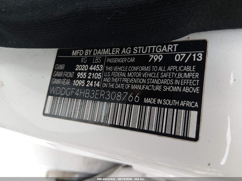 2014 Mercedes-benz C-klasse VIN WDDGF4HB3ER308766 IAAI salvage auction — FRESH WATER, Salvage (South Carolina), sold $500 on 2026-07-28 (photo 9)