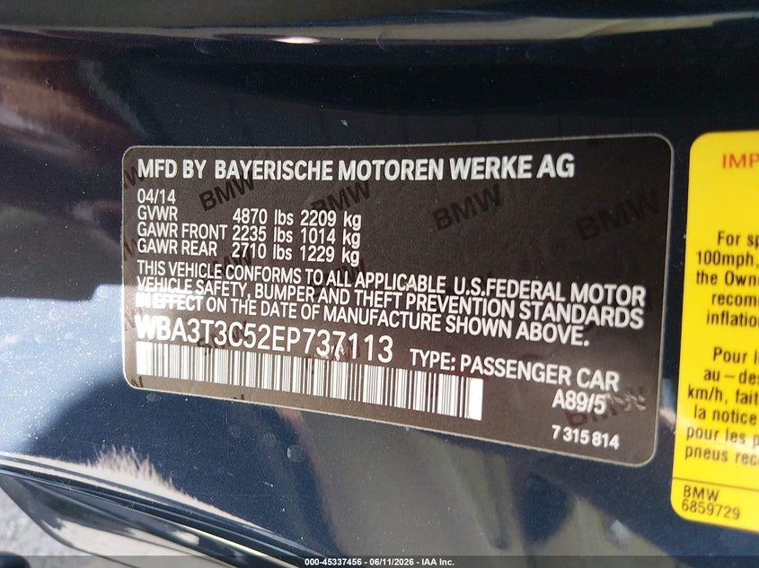 2014 BMW 4er VIN WBA3T3C52EP737113 IAAI salvage auction — SIDE, Salvage (Ohio), sold $6,200 on 2026-07-28 (photo 9)