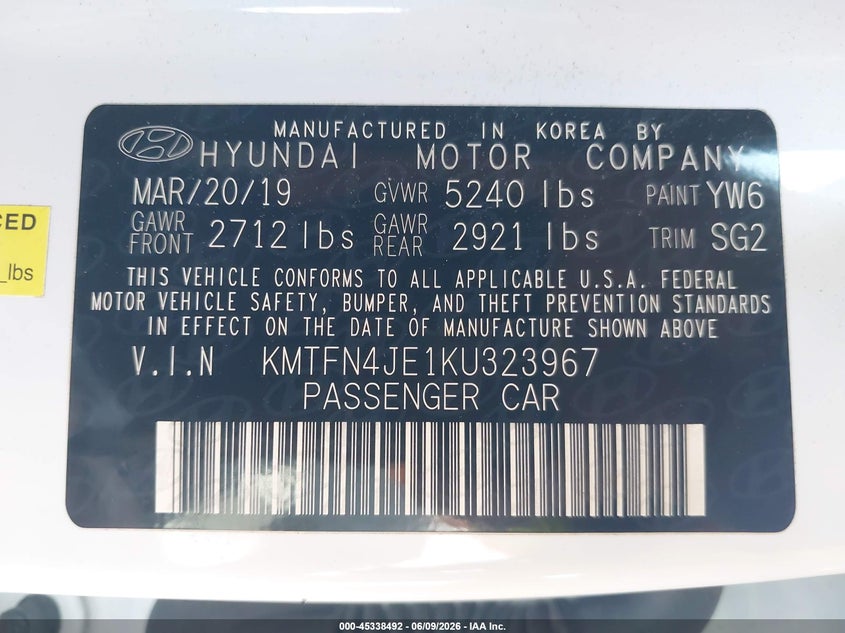 2019 Genesis G80 VIN KMTFN4JE1KU323967 IAAI salvage auction — THEFT, Salvage (California), sold $6,550 on 2026-07-06 (photo 9)