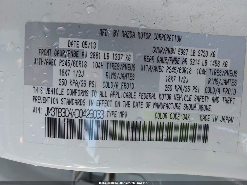 2013 Mazda Cx-9 VIN JM3TB3CAXD0423033 IAAI salvage auction — REAR END, Salvage (Missouri), sold $1,400 on 2026-07-14 (photo 9)
