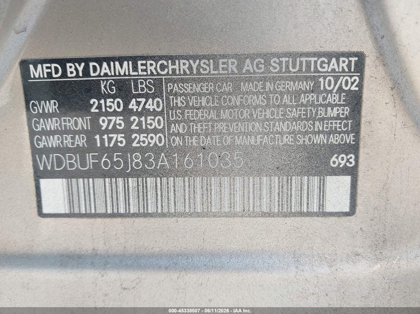 2003 Mercedes-benz E-klasse VIN WDBUF65J83A161035 IAAI salvage auction — REAR END, Salvage (Georgia), sold $650 on 2026-08-02 (photo 9)