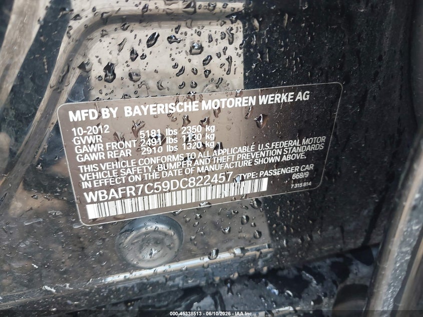 2013 BMW 5 series VIN WBAFR7C59DC822457 IAAI salvage auction — REAR END, Original (Texas), sold $3,550 on 2026-07-13 (photo 9)