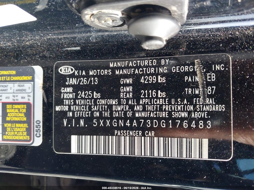 2013 Kia Optima VIN 5XXGN4A73DG176483 IAAI salvage auction — RIGHT SIDE, Repossession Paperwork (Georgia), sold $25 on 2026-07-06 (photo 9)