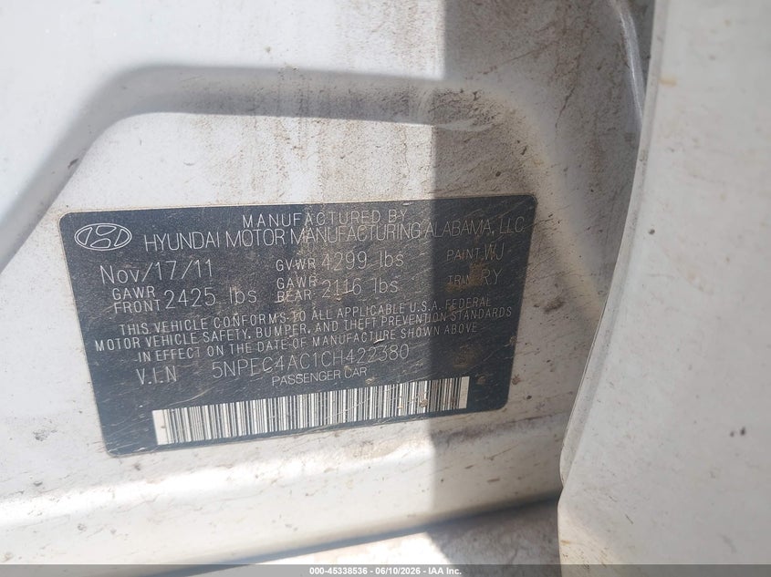 2012 Hyundai Sonata VIN 5NPEC4AC1CH422380 IAAI salvage auction — FRONT END, Salvage (Arkansas), sold $850 on 2026-07-29 (photo 9)