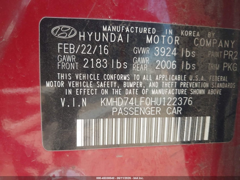 2017 Hyundai Elantra VIN KMHD74LF0HU122376 IAAI salvage auction — NORMAL WEAR, Clear-Dealer Only (Arizona), sold $1,500 on 2026-07-21 (photo 9)