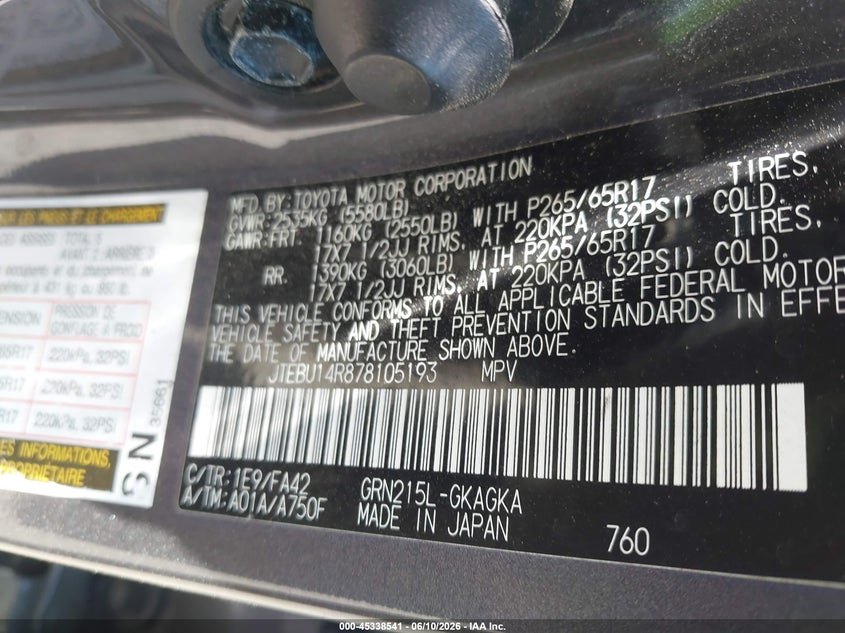 2007 Toyota 4runner VIN JTEBU14R878105193 IAAI salvage auction — ENGINE BURN, Clear (Massachusetts), sold $800 on 2026-07-07 (photo 9)