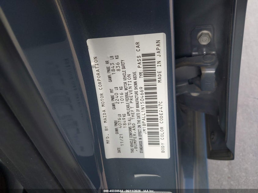 2022 Mazda 3 VIN JM1BPALL1N1504669 IAAI salvage auction — WATER/FLOOD, Salvage (Texas), sold $3,450 on 2026-07-09 (photo 9)