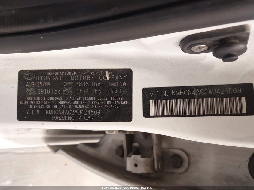 2010 Hyundai Accent VIN KMHCN4AC2AU424509 IAAI salvage auction — UNKNOWN, Salvage (Utah), sold $100 on 2026-07-13 (photo 9)