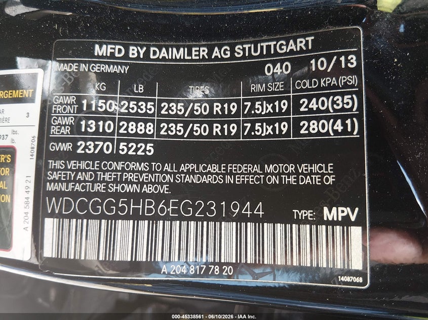 2014 Mercedes-benz Glk-klasse VIN WDCGG5HB6EG231944 IAAI salvage auction — FRONT END, Salvage Title, sold $1,000 on 2026-08-13 (photo 9)