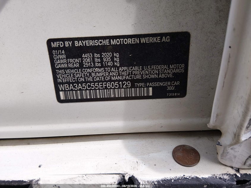 2014 BMW 3er VIN WBA3A5C55EF605129 IAAI salvage auction — LEFT SIDE, Salvage (South Carolina), sold $1,250 on 2026-08-11 (photo 9)