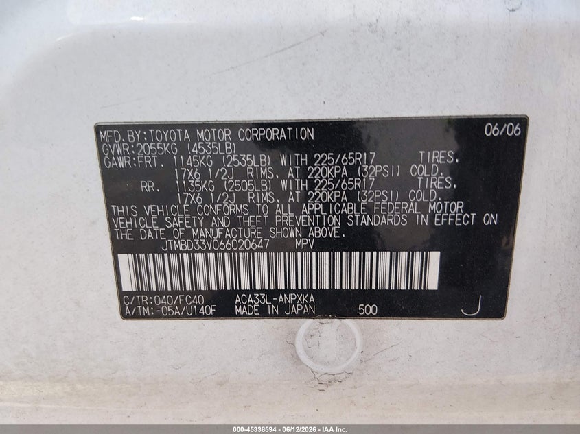 2006 Toyota Rav4 VIN JTMBD33V066020647 IAAI salvage auction — REAR END, Salvage (Idaho), sold $1,825 on 2026-07-07 (photo 9)
