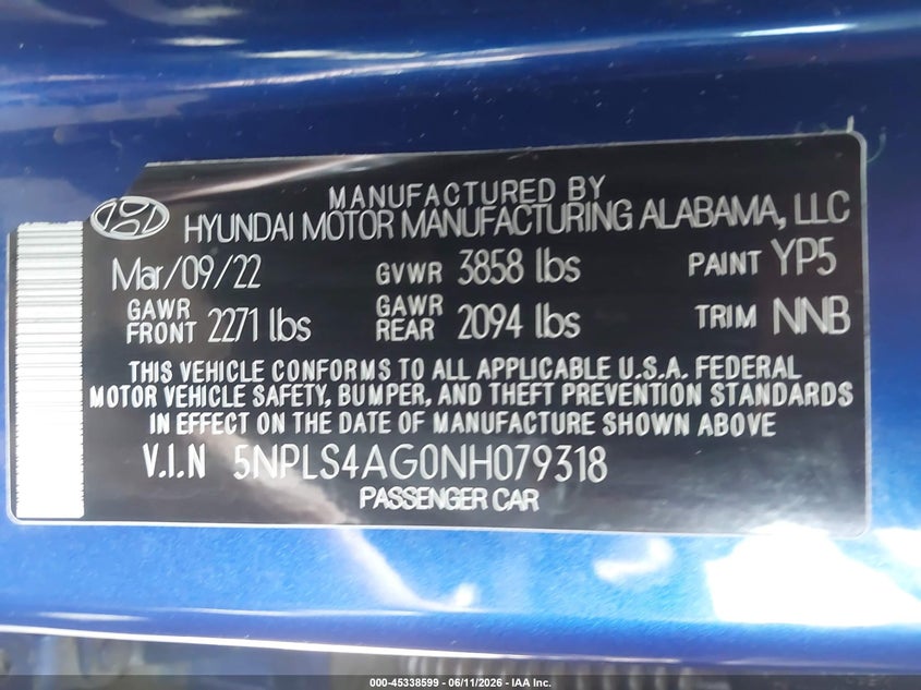 2022 Hyundai Elantra VIN 5NPLS4AG0NH079318 IAAI salvage auction — FRONT END, Salvage - Greater Than 75% (Maryland), sold $2,650 on 2026-07-14 (photo 9)