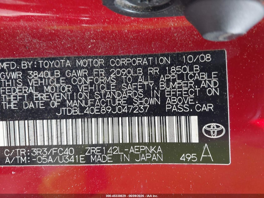 2009 Toyota Corolla VIN JTDBL40E89J047237 IAAI salvage auction — SIDE, Salvage (North Carolina), sold $1,600 on 2026-07-10 (photo 9)