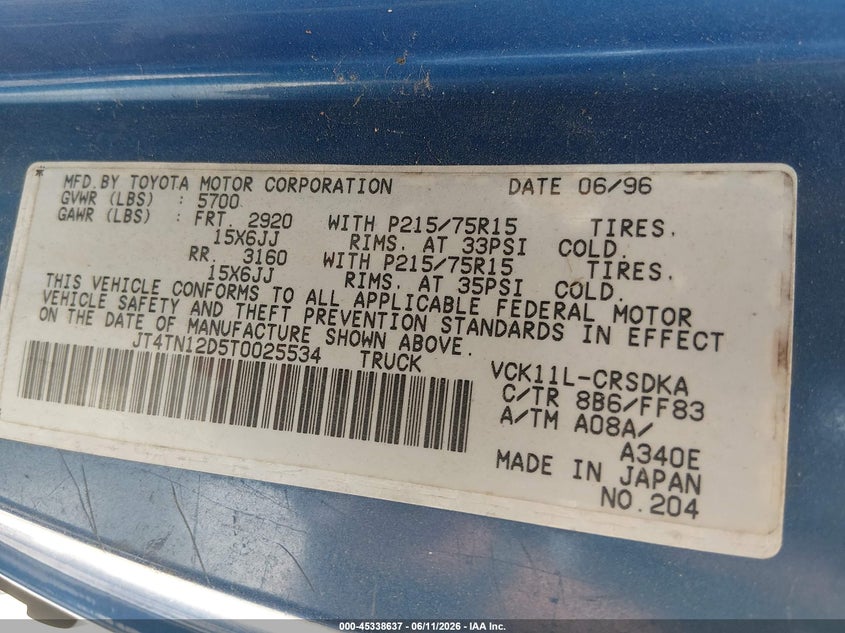 1996 Toyota T100 VIN JT4TN12D5T0025534 IAAI salvage auction — NORMAL WEAR, Original (Texas), sold $2,175 on 2026-07-06 (photo 9)