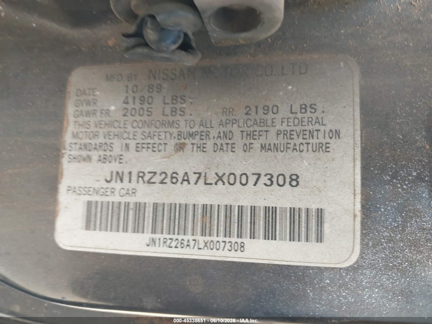 1990 Nissan 300zx VIN JN1RZ26A7LX007308 IAAI salvage auction — ENGINE DAMAGE, Original (Texas), sold $1,000 on 2026-07-09 (photo 9)