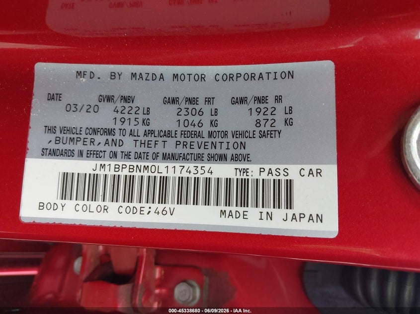 2020 Mazda 3 VIN JM1BPBNM0L1174354 IAAI salvage auction — REAR END, Salvage (Georgia), sold $25 on 2026-07-31 (photo 9)