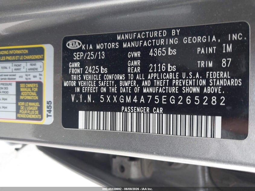 2014 Kia Optima VIN 5XXGM4A75EG265282 IAAI salvage auction — UNKNOWN, Clear - Dealer Only (California), sold $575 on 2026-07-20 (photo 9)