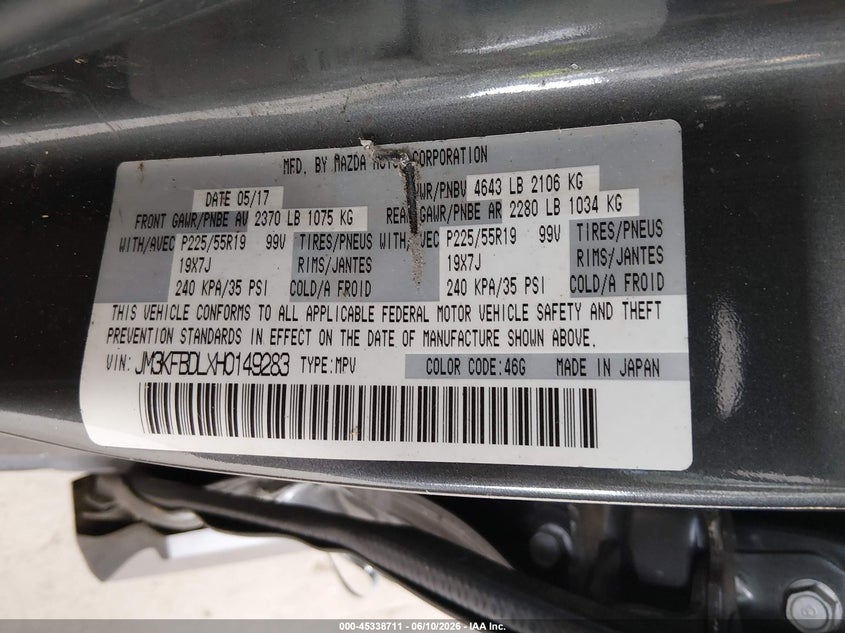 2017 Mazda Cx-5 VIN JM3KFBDLXH0149283 IAAI salvage auction — ROLLOVER, Bill Of Sale (Washington), sold $1,250 on 2026-07-15 (photo 9)