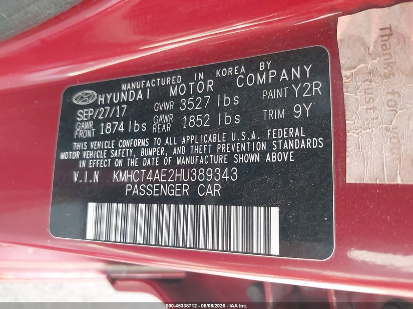 2017 Hyundai Accent VIN KMHCT4AE2HU389343 IAAI salvage auction — NORMAL WEAR, Salvage Title (California), sold $1,000 on 2026-07-14 (photo 9)