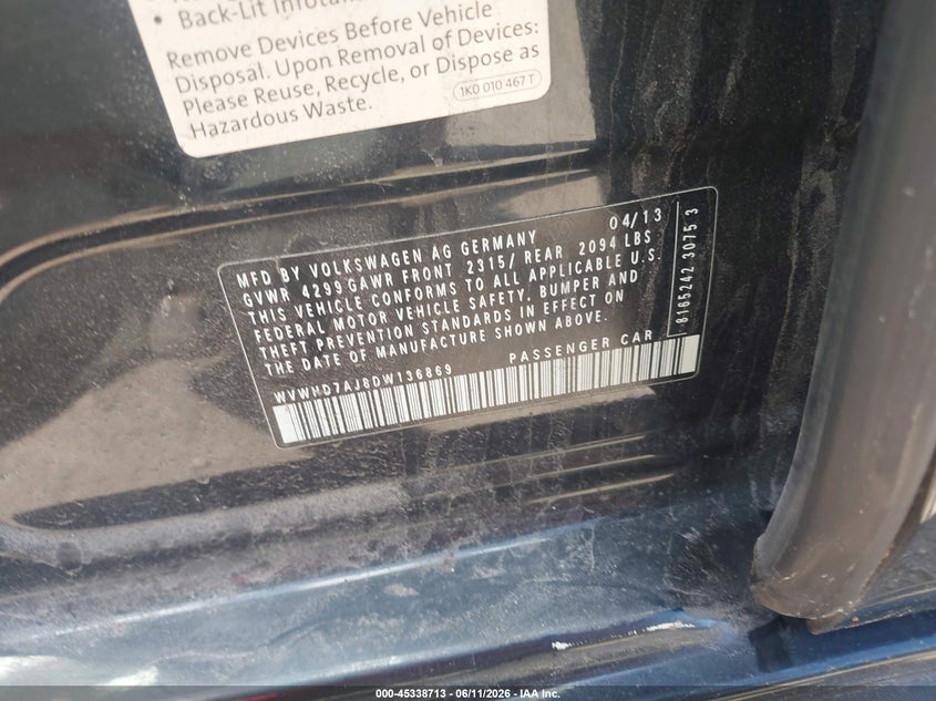 2013 Volkswagen Gti VIN WVWHD7AJ8DW136869 IAAI salvage auction — WATER/FLOOD, Salvage (Massachusetts), sold $1,050 on 2026-08-20 (photo 9)