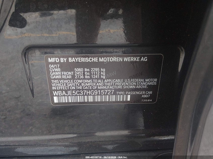 2017 BMW 5er VIN WBAJE5C37HG915727 IAAI salvage auction — UNDERCARRIAGE, Rebuildable (Florida), sold $8,500 on 2026-07-09 (photo 9)