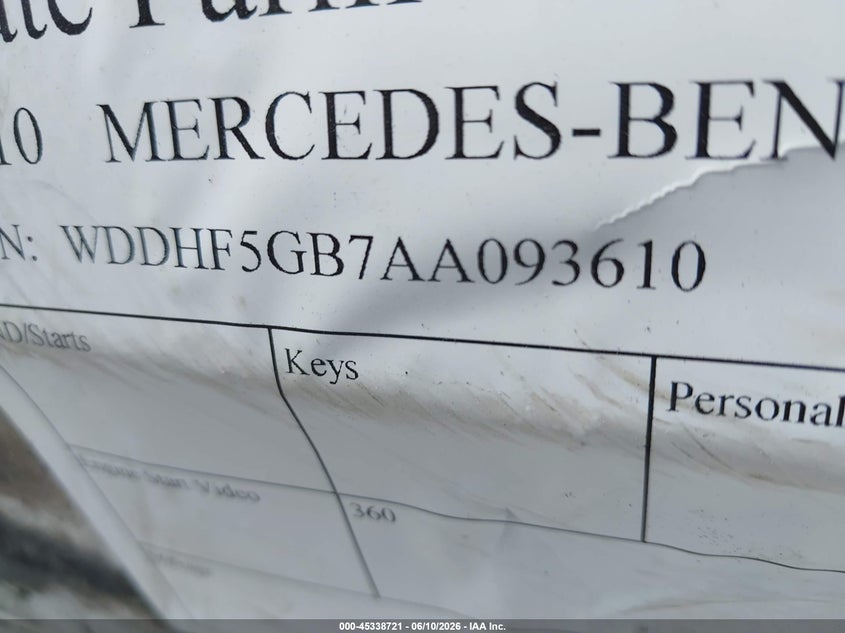 2010 Mercedes-benz E-class VIN WDDHF5GB7AA093610 IAAI salvage auction — TOTAL BURN, Non-Repairable (Virginia), sold $300 on 2026-07-14 (photo 9)