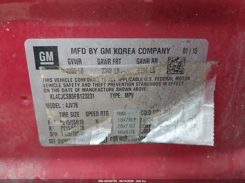 2015 Buick Encore VIN KL4CJCSB5FB123231 IAAI salvage auction — RIGHT FRONT, Salvage (Ohio), sold $675 on 2026-07-23 (photo 9)