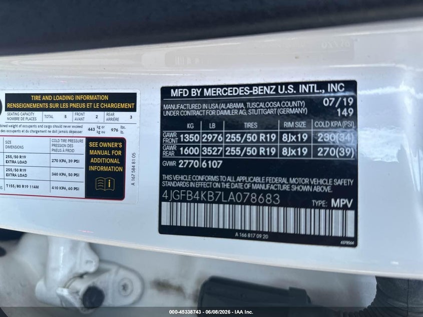 2020 Mercedes-benz Gle class VIN 4JGFB4KB7LA078683 IAAI salvage auction — NORMAL WEAR, Salvage Title, sold $20,750 on 2026-07-08 (photo 9)