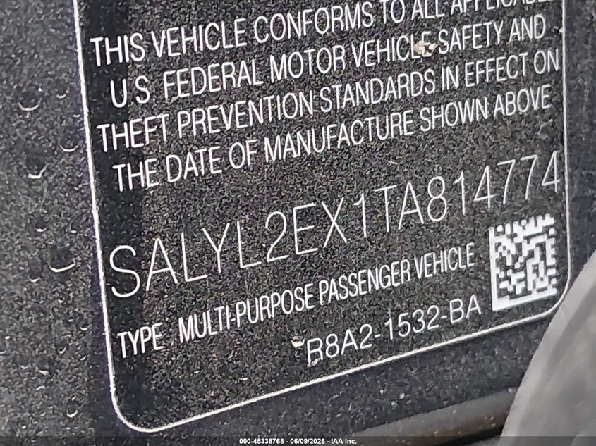 2026 Land rover Range rover velar VIN SALYL2EX1TA814774 IAAI salvage auction — FRONT END, Certificate Of Destruction (Florida), sold $14,600 on 2026-07-28 (photo 9)