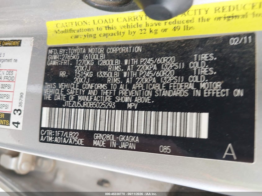 2011 Toyota 4runner VIN JTEZU5JR0B5025293 IAAI salvage auction — NORMAL WEAR, Clear - Public Restricted (Oklahoma), sold $6,025 on 2026-07-14 (photo 9)
